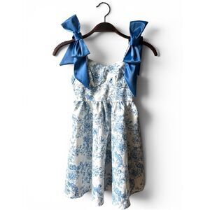 SHEIN Girls Size 8 Blue Toile Bow Dress Coquette Cottagecore Party Dress